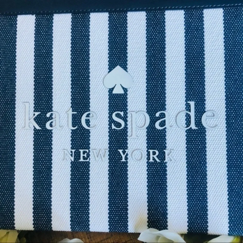Kate Spade Blue White Stripe Canvas Zip Pouch Leather Trim NWT